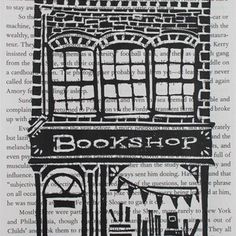 an old book page with a drawing of a bookstore