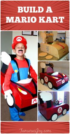 a child in mario kart costume with cardboard boxes behind him and the caption says, build a mario kart