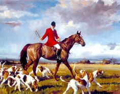 a painting of a man riding on the back of a brown horse next to dogs