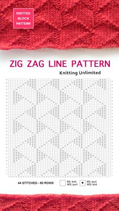 the knitting pattern for zig zag line patterns is shown in red and white