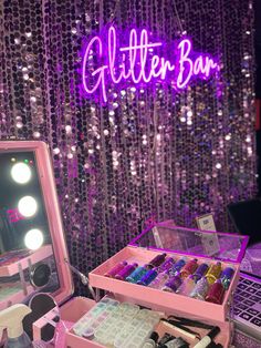 the glitter bar is set up with its lights on