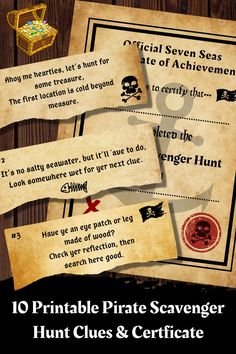 pirate scavenger hunt clues and certificates for kids to use on their books