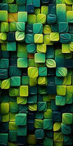 an abstract green background with squares and leaves in the form of rectangles or cubes