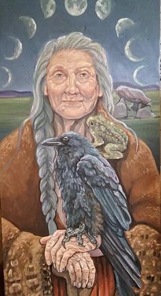 a painting of an old woman holding a bird on her arm with the moon in the background