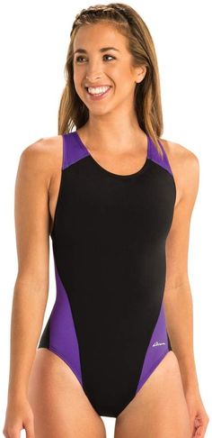 Women's Dolfin Performance Back Colorblock One-Piece Swimsuit Solid Color Bra-friendly Swimwear For Water Sports, Stretch Cross-back Bodysuit For Swimming, Cheap One-piece Swimwear With Built-in Bra, One-piece Sports Swimwear With Adjustable Straps, Beachwear One Piece With Built-in Bra For Pool, Jag Jeans Woman, Purple Swimsuit, Blue Bathing Suit, Colorblock Swimsuit