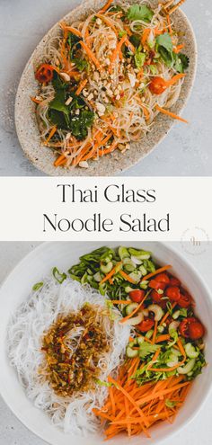 two plates with different types of food on them and the words that glass noodle salad