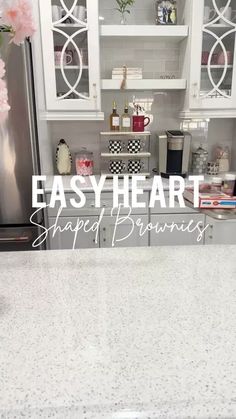 a kitchen counter top with the words easy heart shaped drawers above it in white lettering