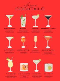 a poster with different types of cocktails on it's red background, including the names