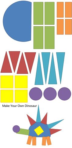 the instructions to make an origami dinosaur with colored shapes and colors on it