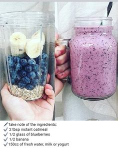 two pictures one with blueberries, the other with bananas and granola in it