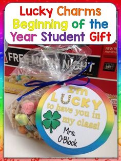 lucky charms for the beginning of the year student gift in a bag with a tag on it