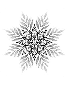 a black and white drawing of a flower with leaves in the center on a white background