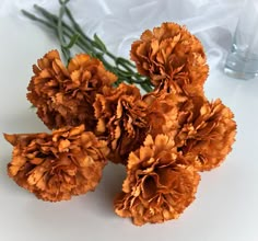 some very pretty orange flowers on a white table