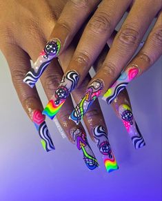 Spongebob Nails, Rave Nails, Rainbow Nails Design, Hippie Nails, Hard Nails, Long Acrylic Nail Designs, Nails Design With Rhinestones, Dope Nail Designs, Exotic Nails