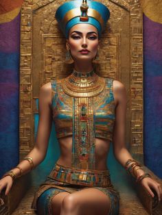 an egyptian woman sitting in front of a golden throne with jewels on her head and chest