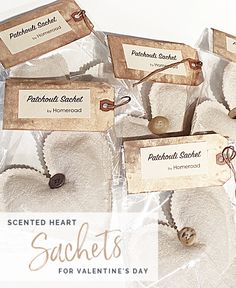 several packaged items are sitting on top of each other in plastic bags with the words, scented heart sachets for valentine's day