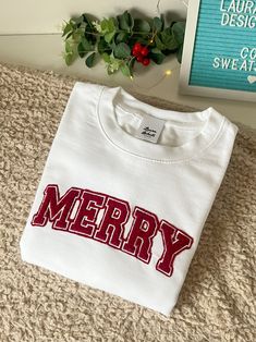 Fluffy Merry Christmas Varsity Sweatshirt Varsity Sweatshirt, Varsity Style, Holiday Collection, Christmas Sweaters, Merry Christmas