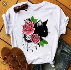 Rose T Shirt, Cat Flowers, Fox Pattern, Fox Design, Hip Hop Streetwear, Cartoon T Shirts, Cat T, Blouse Patterns, Flower Fashion