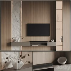 a modern living room with wood paneling and white vases on the wall, television stand