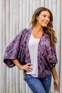 Purple Batik Short Rayon Kimono Jacket - Lavish Garden in Boysenberry | NOVICA