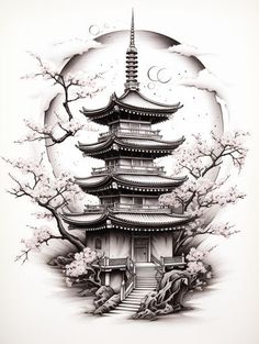 Sophisticated Temple Tattoo Designs Japanese Temple Tattoo, Tato Geisha, Tato Flash, Temple Tattoo, Castle Tattoo, Samurai Tattoo Design, Japan Tattoo Design, Traditional Japanese Tattoos, Asian Tattoos