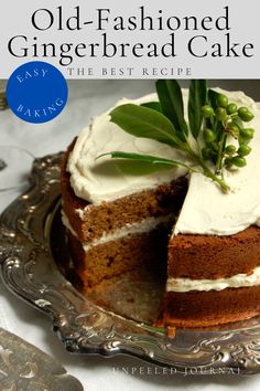 an old - fashioned gingerbread cake with white frosting