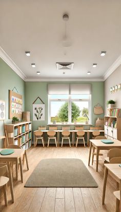 a classroom with wooden tables and chairs in front of a large window filled with books