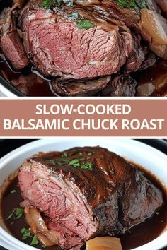 slow cooked balsamic chuck roast in a white bowl