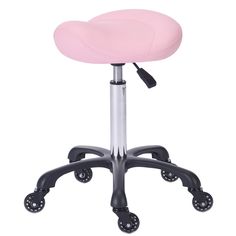 a pink stool with wheels on the back and footrests is shown against a white background