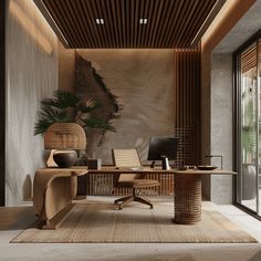 an office with a large wooden table and chair next to a plant on the floor