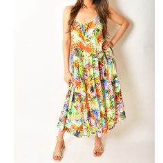 This Bright And Funky Maxi Dress Features A Tiered Skirt And Adjustable Straps For An Easy, All-In-One Look. Model Is 5'5" And Wears A Size S. 100% Rayon True To Size Multicolor Maxi Dress, Ruffle Tiered Dress, Goddess Dress, Beach Maxi Dress, Dresses Xxl, Cotton Midi Dress, Dress Store, Chiffon Maxi, Halter Maxi Dresses