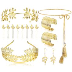 PRICES MAY VARY. ✨FUN ADDITION TO A TOGA✨ You will receive 1 piece of leaf headband, 1 gold laureth crown, 1 tassel dress belts, 2 gold coil bracelet, 8 piece of hair clips, 1 pair of pearl earring in total, a good combination for your accessories. 🎈DURABLE MATERIAL🎈 The goddess costume jewelry set is is mainly made of alloy material, durable and bright enough, not easy to be broken, shining your beauty and making you catch the eyes in the crowd easily. Please check the picture for the detaile Goddess Costume Accessories, Greek Goddess Jewelry, Fnl Themes, Goddess Accessories, Leaves Crown, Greek Accessories, Upper Arm Cuff Bracelet, Hair Headpiece, Leaf Headband