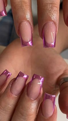 Pink Flesh Nails, Gel Regular Nails, Fushia Tip Nails, Pink Chrome Biab Nails, Hologram French Tip Nails, Two Design Nails, Shiny Pink French Tip Nails, Classy Biab Nail Designs, Metallic Pink French Nails