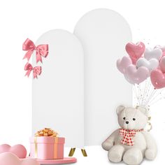 a white teddy bear sitting next to a pink gift box and balloons