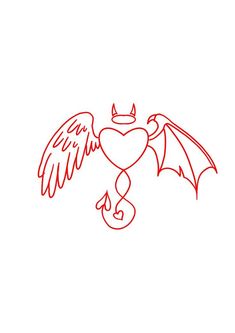 a red line drawing of an angel with wings and a heart in the shape of a crown