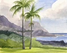 watercolor painting of two palm trees in front of the ocean with mountains behind them