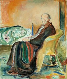 an old man sitting on a chair in front of a painting