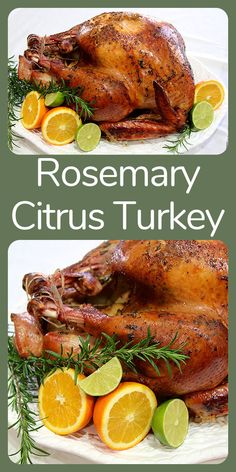 rosemary citrus turkey on a white plate with oranges and lemons