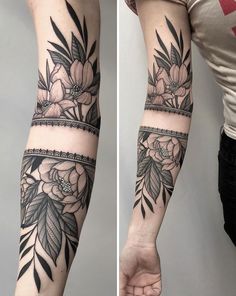 the arm is decorated with flowers and leaves on both sides of the woman's arms