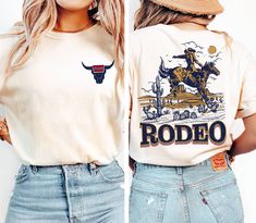 Comfort Colors Rodeo Shirt, Rodeo Gift, Cowboy Shirt, Retro Cowboy Shirt, Country Western Shirt, Desert Shirt, Western Shirt, Country Girl Shirt, Rodeo Shirt, Desert Shirt, Gift Ideas for him, Shirts for him,  Holiday Shirt Greetings! *ABOUT OUR T-SHIRT QUALITY Skillfully printed with our state-of-the-art printing machine. Key Features of Comfort Colors 1717 Unisex Heavyweight Tee 6.1 oz./yd² (US), 10 oz/L yd (CA), 100% ring-spun cotton, 20 singles Soft ring-spun fabric dyed for a unique look Re White Graphic Print Shirt For Rodeo, Crew Neck Letter Print Shirt For Rodeo, Casual Crew Neck Shirt For Rodeo, Crew Neck Graphic Tee For Rodeo, Cotton Rodeo Shirt With Letter Print, Graphic Tee Crew Neck Shirt For Rodeo, Cotton Shirt With Letter Print For Rodeo, Casual Letter Print Shirt For Rodeo, Casual Shirt With Letter Print For Rodeo