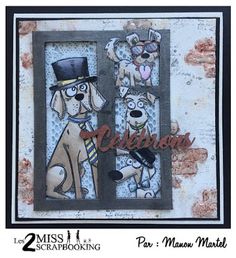 a card with two dogs wearing top hats and glasses, one dog is looking out the window