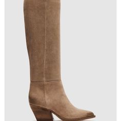 Steve Madden Devina Tall Suede Boots In Taupe Beige Leather-lined Pointed Toe Boots, Beige Pointed Toe Boots With Leather Lining, Beige Calf Leather Heeled Boots With Almond Toe, Beige Leather Heeled Boots With Snip Toe, Beige Calf Leather Boots With Reinforced Heel, Beige Calf Leather Boots, Beige Calf Leather Boots For Fall, Medium Width Beige Calf Leather Boots, Beige Low Heel Boots For Work