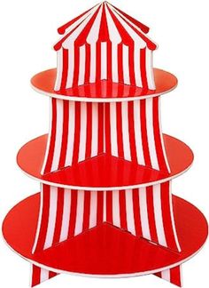 three tiered tray with red and white stripes on the sides, one in the shape of a circus tent