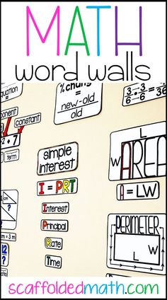 a poster with words and numbers on it that read, math word walls for the classroom