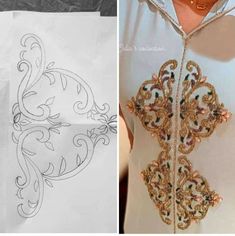 two pictures one with an embroidered design and the other with beading work on it