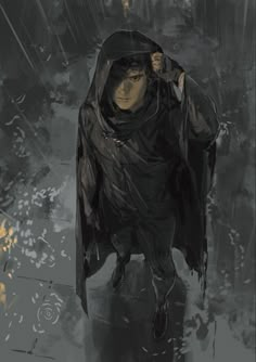 a drawing of a man walking in the rain wearing a black coat and holding an umbrella