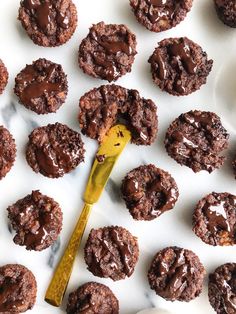 chocolate cookies are on a plate with a spoon