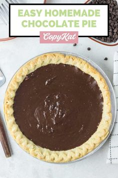 an easy homemade chocolate pie is ready to be baked in the oven and served on a plate