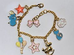 Charms are colorful and any child would love it - Gold tone chain, charms and components Jewelry Safe, Purple Earrings, Copper Earrings, Keep Jewelry, Adjustable Bracelet, Chain Link Bracelet, Antique Copper, Chain Styles, Link Bracelets