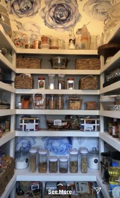 an organized pantry with lots of food in the shelves and baskets on the bottom shelf